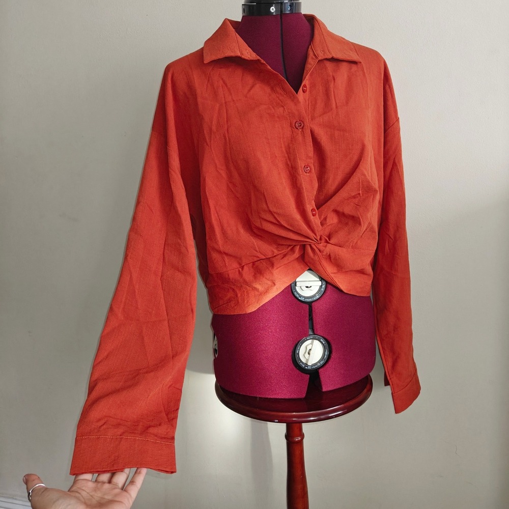 Zeagoo Orange Long Sleeve Cropped Button‎ Up Shirt Tie Front Collar XXL